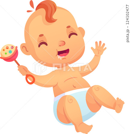 Cute baby wearing a diaper, joyfully holding a rattle and waving, smiling and drooling, isolated on a clean white background, presented in a charming cartoon style Cute baby wearing a diaper, joyfully holding a rattle and waving, smiling and drooling, isolated on a clean white background, presented in a charming cartoon style 124102477