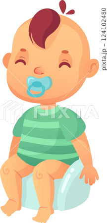 Cute baby wearing striped t shirt sitting on potty training using pacifier, learning to use potty, infant care and hygiene, vector illustration isolated on white background 124102480