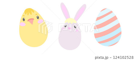 Adorable kawaii chick and bunny eggs in pastel colors. Ideal for kids Easter crafts, spring greeting cards, and fun holiday decorations 124102528