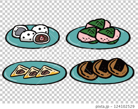 お皿に盛られたいろいろな和菓子の手描き風イラストセット　3	 124102529