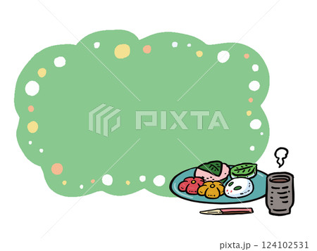 お皿に盛られたいろいろな和菓子とお茶のフレームイラストセット	 124102531