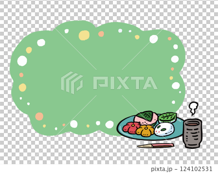 お皿に盛られたいろいろな和菓子とお茶のフレームイラストセット	 124102531