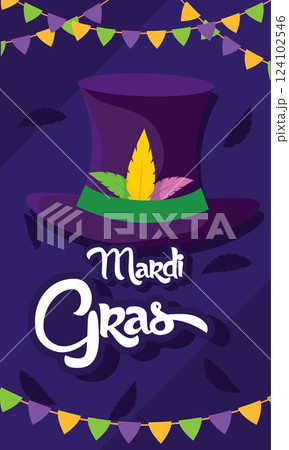 Purple Mardi Gras hat with feathers and flags Vector 124102546
