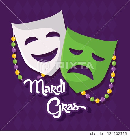 Mardi Gras comedy and tragedy masks with beads Vector 124102556