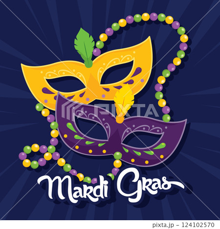 Two Mardi Gras masks with colorful beads on dark Vector Two Mardi Gras masks with colorful beads on dark Vector 124102570