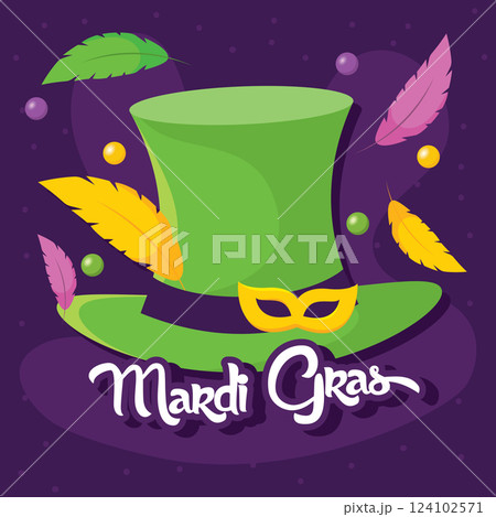 Green Mardi Gras hat with feathers and mask Vector Green Mardi Gras hat with feathers and mask Vector 124102571