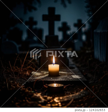 Burning candle in the dark in a cemetery. A lit candle stands in a cemetery with blurred grave crosses in the background. 124102653