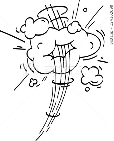 Hand drawn illustration of a tornado exploding from a cloud, creating a swirling vortex, depicted in a dynamic cartoon style with bold lines and exaggerated features 124102699
