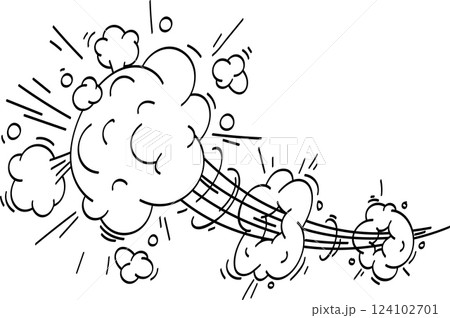 Hand drawn vector illustration featuring a vibrant cartoon explosion effect, complete with dynamic speed lines and swirling smoke clouds, all set against a clean white background 124102701