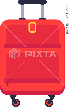 Red rolling suitcase featuring an extending handle and smooth wheels, representing the essence of vacation travel and tourism, isolated against a crisp white background Red rolling suitcase featuring an extending handle and smooth wheels, representing the essence of vacation travel and tourism, isolated against a crisp white background 124102713