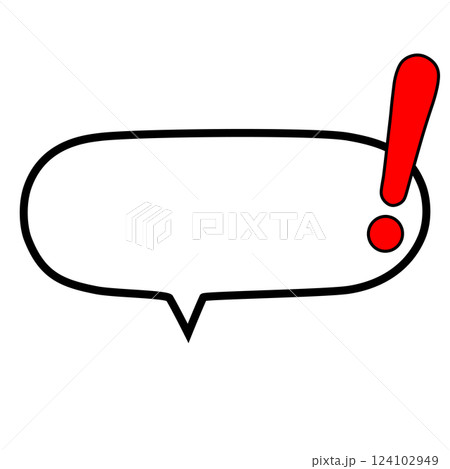 赤いベタ塗りのビックリマーク付き横長楕円の吹き出し 124102949