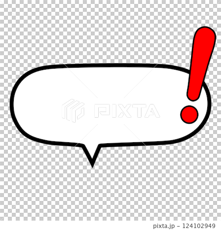 赤いベタ塗りのビックリマーク付き横長楕円の吹き出し 124102949