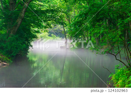 フィッシング・川釣りイメージ　川霧が立ち込める富士山麓忍野村 124102963