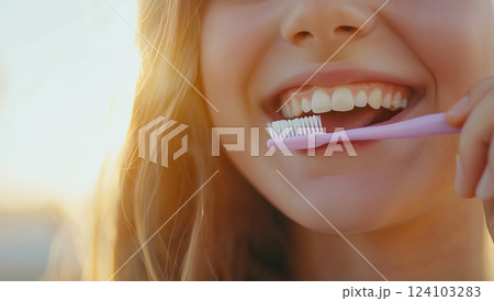 健康的なライフスタイルのコンセプト：歯ブラシを持ち、完璧な笑顔を見せる若い女性のクローズアップ 124103283