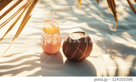 Coconut milk in the half of coconut shell stands on a sandy seashore in summer sunny day. Summertime vacation by the sea. Cold coco drink, cocktail. This is AI-generated item 124103306