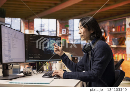 CTO manager in artificial intelligence focused startup designing, coding and debugging applications in different software languages. Chief technician officer doing code testing and quality assurance 124103340