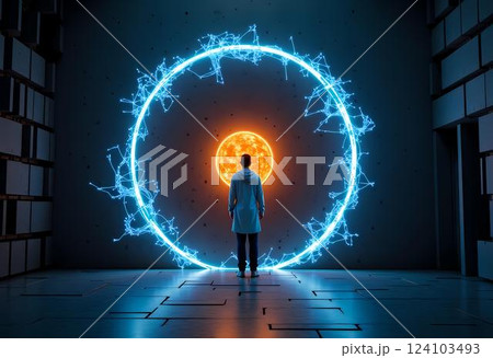 A figure stands mesmerized before a glowing portal, surrounded by intricate energy patterns that pulse with light against the backdrop of a vivid, orange sun Generative AI 124103493