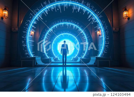 A solitary figure stands before a glowing portal, surrounded by swirling energy patterns. The atmosphere is filled with anticipation as realms await beyond the vibrant blue gateway Generative AI 124103494