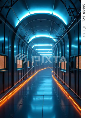 A vibrant corridor glows under bright blue lights, leading towards an unknown destination. The sleek walls and glowing pathways create an otherworldly atmosphere Generative AI 124103495