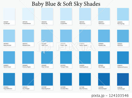 Color Palette 28 Baby Blue and Sky Tones - 3d Light Cool Colours - with HEX Codes and Names, Colour Scheme and Combinations 124103546