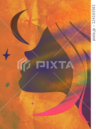 Dreamy young girl in profile looks up at the night sky and shining stars. Female portrait on a bright orange background. Vertical poster with a beauty 124103561