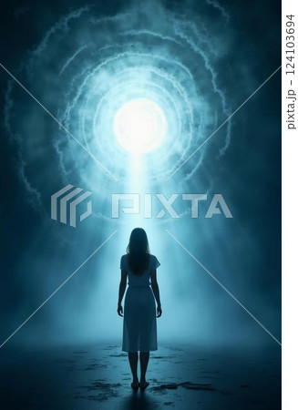 A figure stands at the entrance of a radiant tunnel, surrounded by swirling mist and soft light. The ambiance is tranquil, evoking a sense of peace and transcendence Generative AI A figure stands at the entrance of a radiant tunnel, surrounded by swirling mist and soft light. The ambiance is tranquil, evoking a sense of peace and transcendence Generative AI 124103694