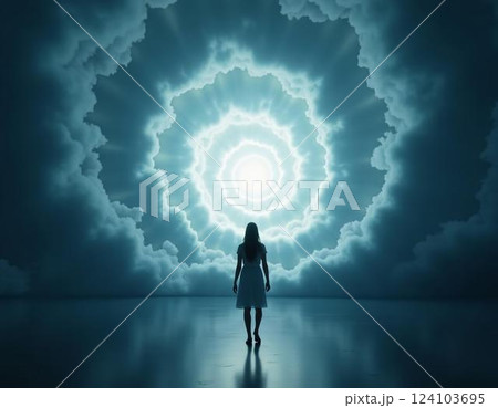 A figure stands in serene contemplation at the entrance of a vast luminous tunnel, surrounded by swirling clouds, evoking a sense of transcendence and mystery Generative AI 124103695