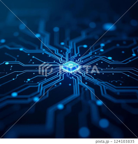 A stunning view features a central microchip amid glowing blue circuit patterns, representing advancements in artificial intelligence technology Generative AI 124103835