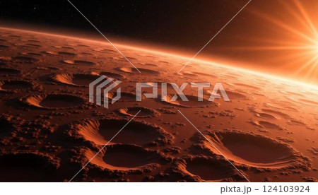 Cratered surface of Mars bathes in golden sunlight as dawn breaks, highlighting the stunning geological features of the red planet's landscape Generative AI 124103924