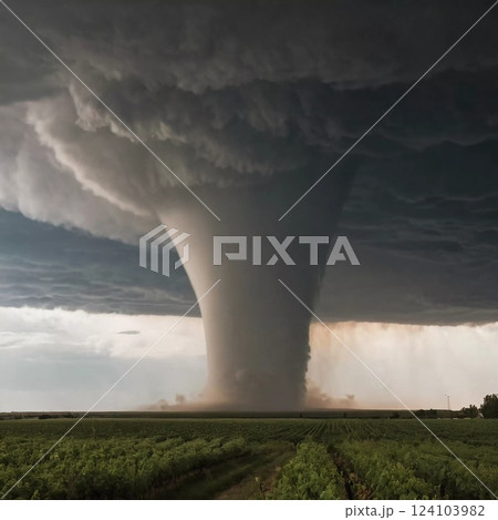 A formidable tornado descends from ominous, swirling clouds, while rain pelts the ground in a rural area; tall crops sway violently in the wind, showcasing nature's raw force Generative AI A formidable tornado descends from ominous, swirling clouds, while rain pelts the ground in a rural area; tall crops sway violently in the wind, showcasing nature's raw force Generative AI 124103982
