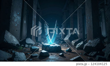 廃墟の中心に輝く神秘の剣	 124104125