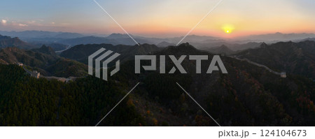Panoramic, aerial sunset over the famous Great Wall of China 124104673