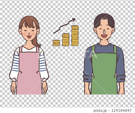 穿著圍裙的男人和女人思考金錢 124104847