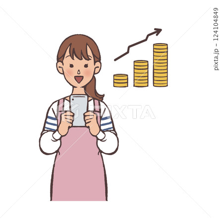 スマホでお金を稼ぐエプロン女性 124104849