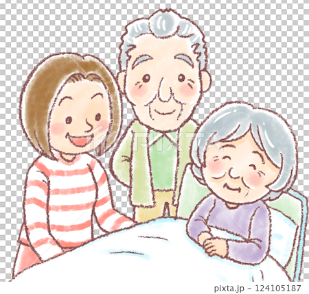 介護ベッドで微笑む高齢女性と寄り添う高齢男性と娘 124105187