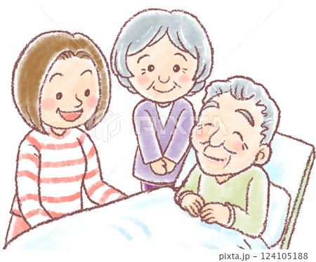 介護ベッドで微笑む高齢男性と寄り添う高齢女性と娘 124105188