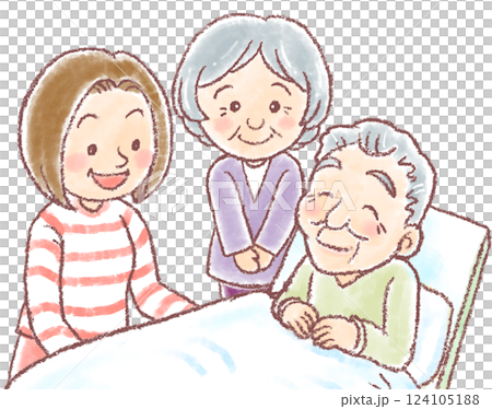 護理床上微笑的老年男子和站在他身邊的老年婦女和女兒 124105188