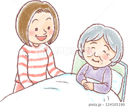 高齢の母親に寄り添う中高年の娘_介護のイラスト 124105190