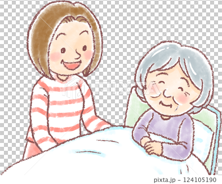 Illustration of a middle-aged daughter supporting her elderly mother_Nursing care 124105190