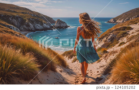 Woman in a blue dress walks along a path...のイラスト素材 [124105202] - PIXTA