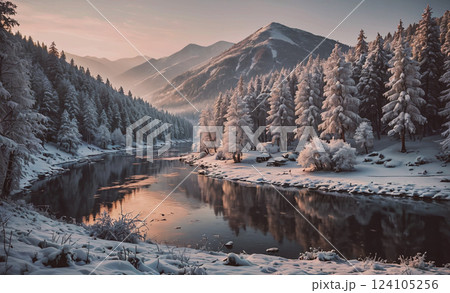 Snowy mountain range with a river running through it. The river is frozen and the trees are covered in snow. The scene is peaceful and serene, with the mountains in the background and the river in the Snowy mountain range with a river running through it. The river is frozen and the trees are covered in snow. The scene is peaceful and serene, with the mountains in the background and the river in the 124105256