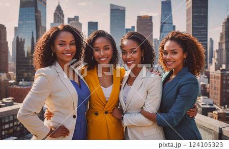 Four women in business suits are smiling for the camera. They are standing on a rooftop in a city, with a view of the skyline in the background. The women are dressed professionally and appear to be Four women in business suits are smiling for the camera. They are standing on a rooftop in a city, with a view of the skyline in the background. The women are dressed professionally and appear to be 124105323