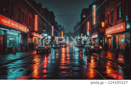City street at night with neon signs and cars. Scene is lively and bustling 124105327