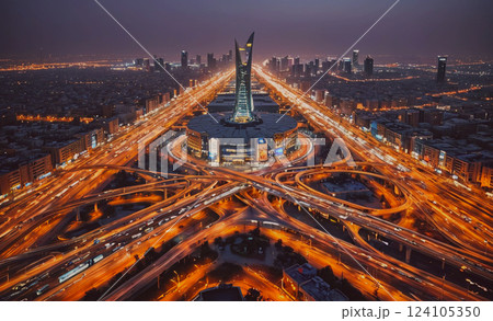 City at night with a large building in the middle. The city is lit up with lights and the buildings are tall 124105350