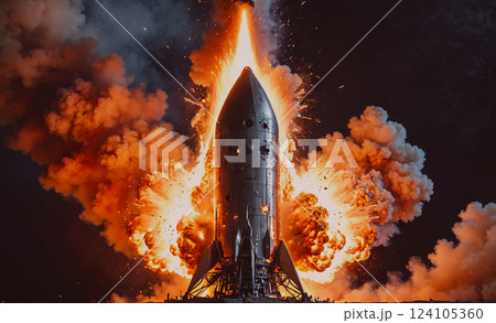 Rocket is in the air with a lot of smoke and fire. The rocket is in the middle of a launch and is surrounded by a lot of smoke 124105360