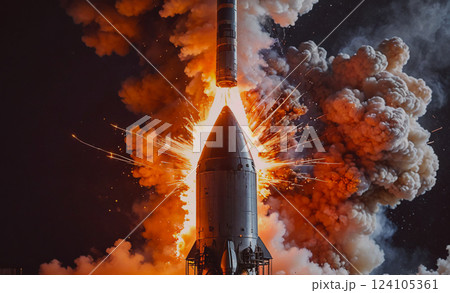 Rocket is launching into the sky, leaving a trail of smoke and fire behind it. Concept of excitement and wonder, as the rocket soars into the unknown 124105361