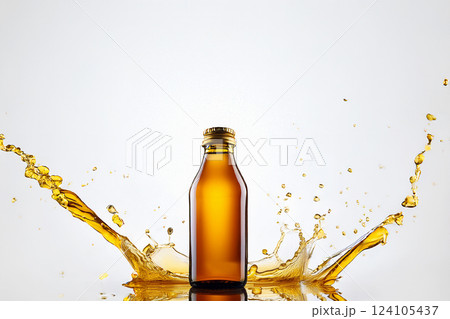 白い背景に一本の栄養補給ドリンク 中身が弾け元気が回復するイメージ 白い背景に一本の栄養補給ドリンク 中身が弾け元気が回復するイメージ 124105437