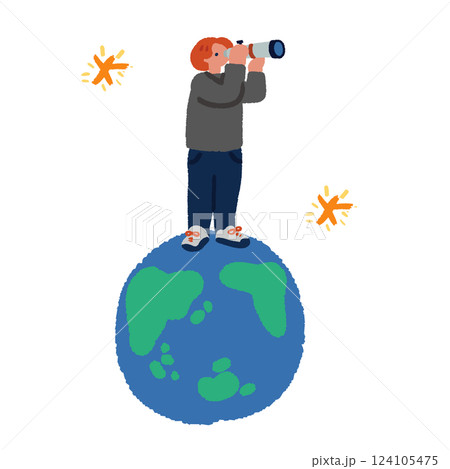 地球に乗って望遠鏡を覗く男性のポップなイラスト 124105475