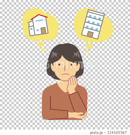 A woman struggling to decide between an apartment and a detached house 124105567