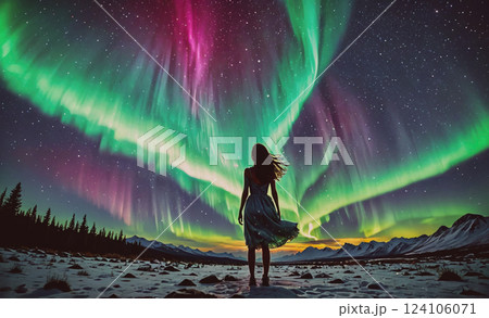 Woman stands in the snow, looking up at the sky. The sky is filled with auroras, creating a beautiful and serene atmosphere 124106071